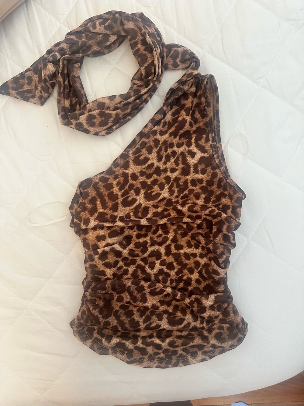 Cheetah Print One-Shoulder Top with Neck Scarf